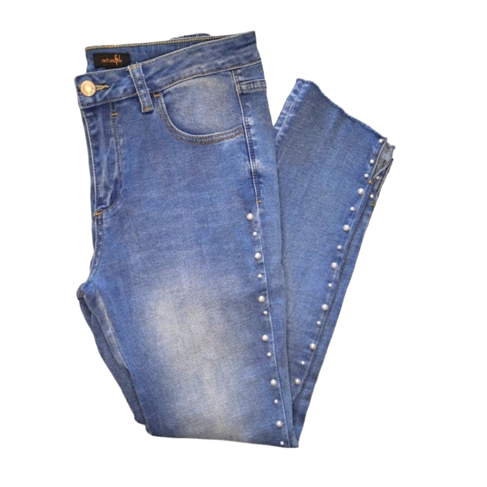 On Twelfth Cropped Split Raw Hem Pearl Studded Jeans Size 27